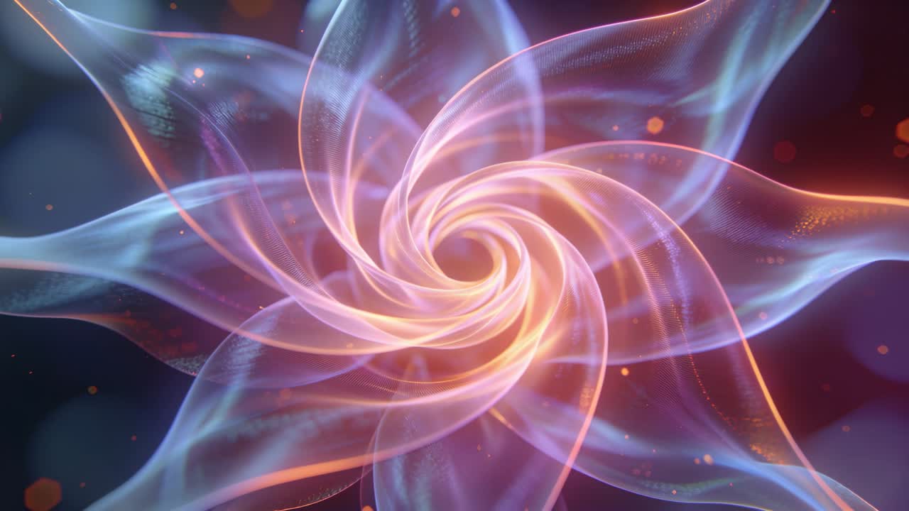 Avvio animazione: nucleo luminoso con petali a nastro che ruotano e si dispiegano in un campo scuro, in loop.