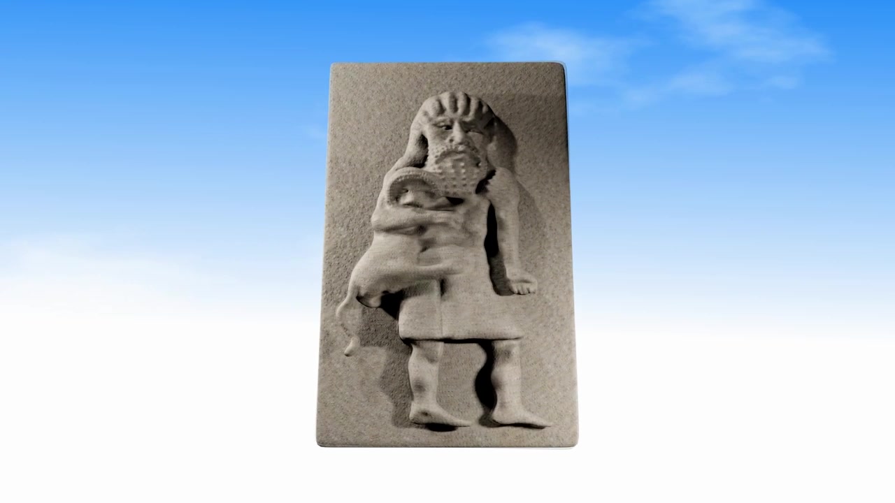 Animazione artistica 3D che raffigura una tavoletta in altorilievo di Gilgamesh