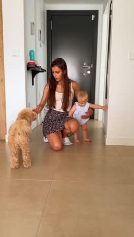 madre, bebé y perro interactuando