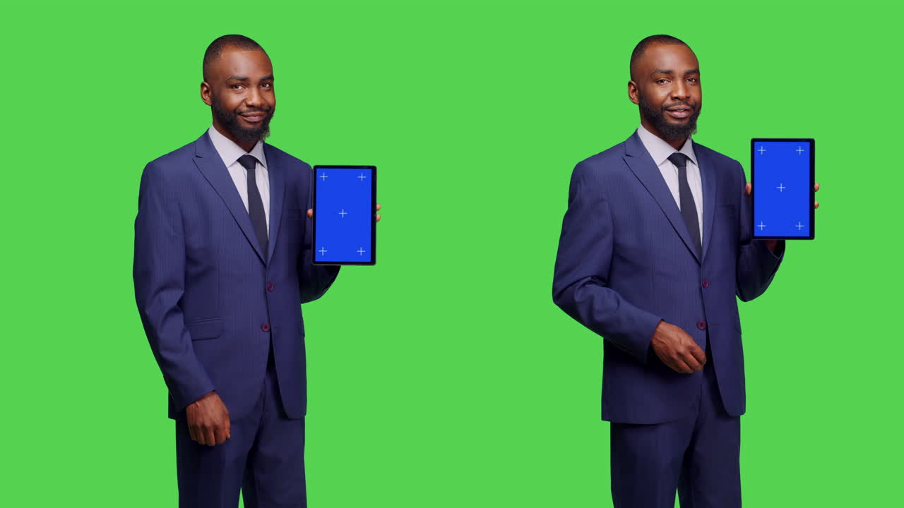 Businessman Presenting Tablet with Chroma Key on Green Screen