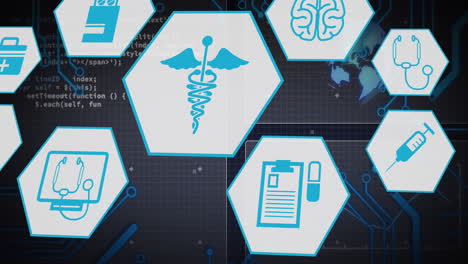 animación de iconos médicos y procesamiento de datos científicos sobre fondo azul