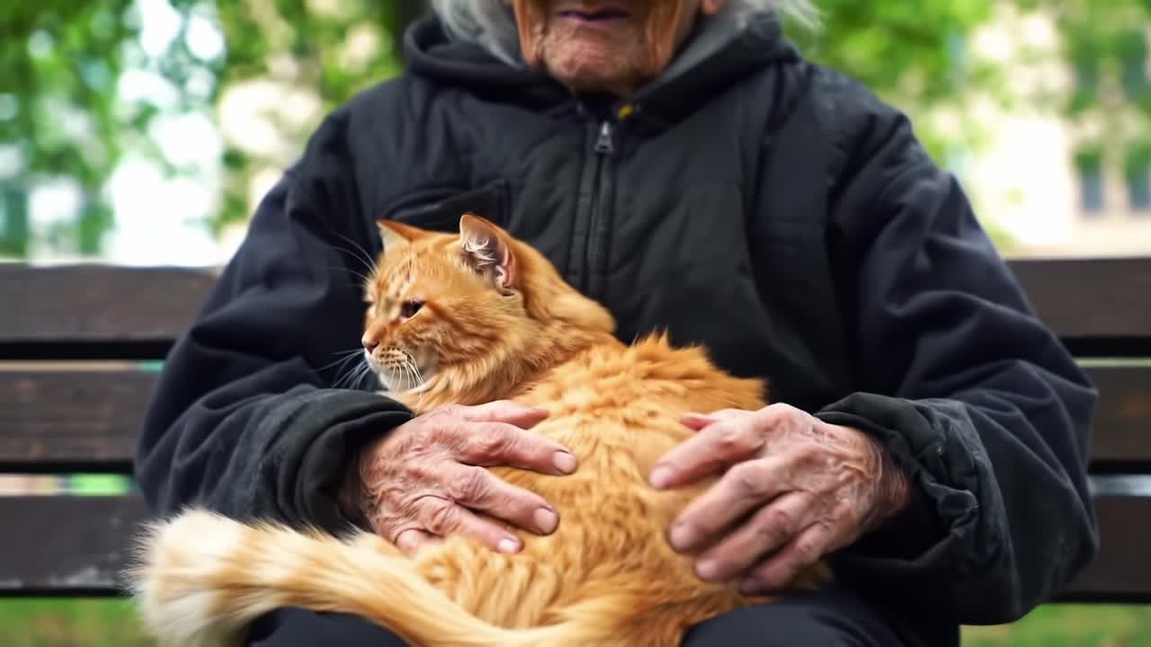 A Heartwarming Moment Between an Elderly Woman and Her Ginger Cat on a Park Bench, Capturing the Essence of Companionship and Love in Nature