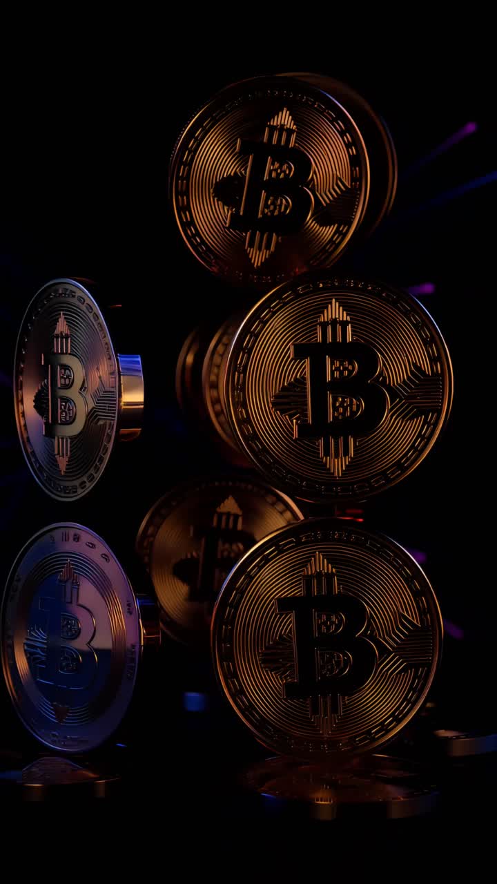 Animazione rotante di Bitcoin dorato su sfondo scuro, criptovaluta cinematografica 4K.