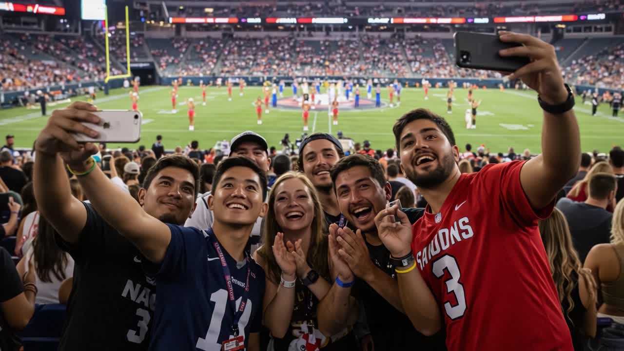 Excited Fans Capture Memorable Moment at a Thrilling Sports Event with Spectators Cheering in the Background as They Take a Group Selfie Together