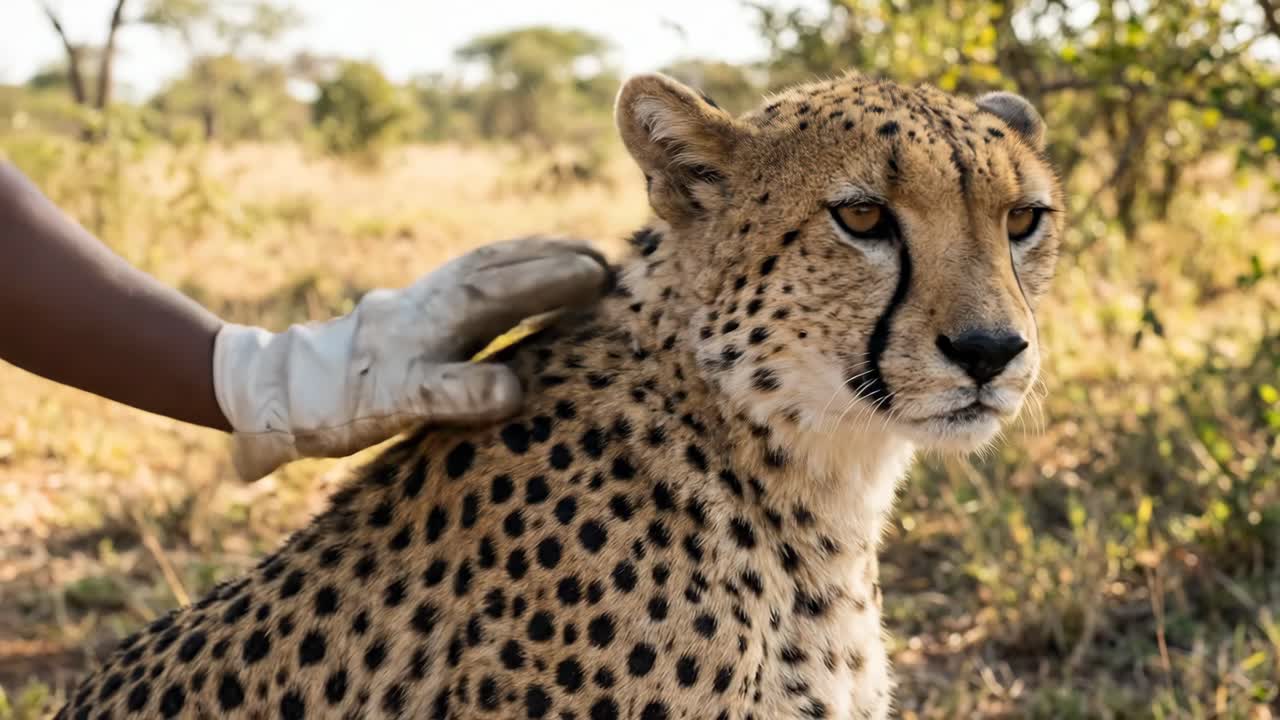 Mano guantata che accarezza un ghepardo nella savana africana