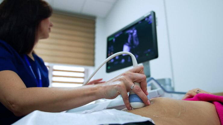 Dark-haired female doctor checks the pregnant woman at ultrasound machine. Medic mover the transducer by belly and looks at the monitor intently. Low angle view.