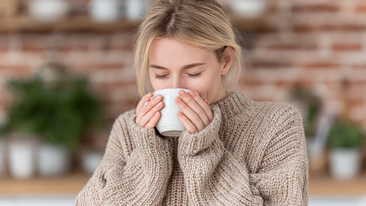 Un momento accogliente: una giovane donna si gusta una bevanda calda in un ambiente rustico, immersa nel comfort e nella serenità durante una giornata di relax a casa