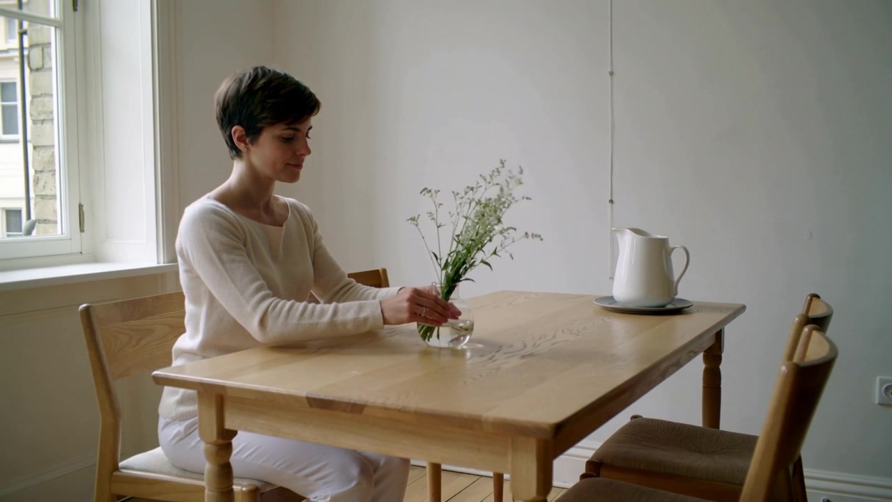 Reaching, woman in cream sweater placing stems and balancing wildflowers in glass vase at table