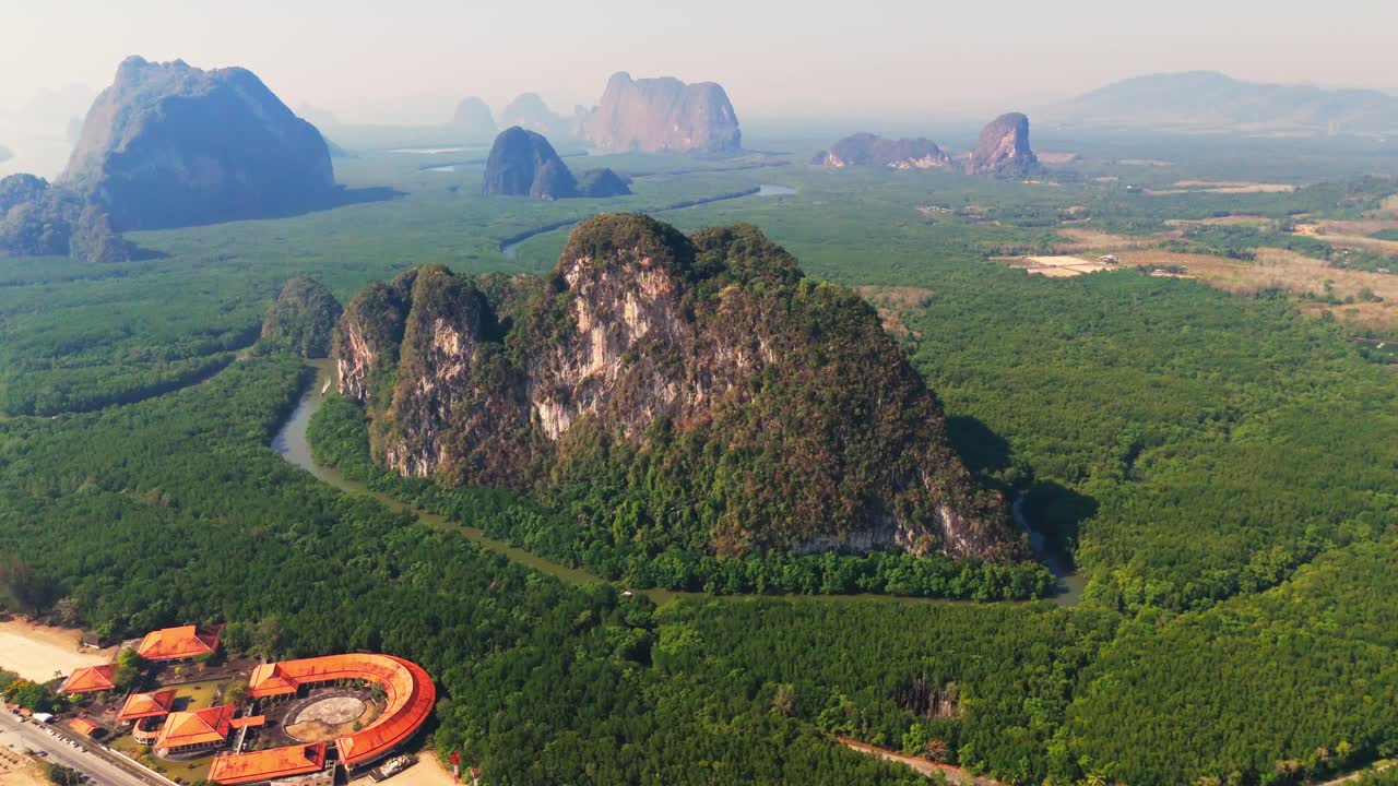Aerial Ao Phang Nga National Park, Southern Thailand scenic limestone mountains and forest for James Bond island excursion