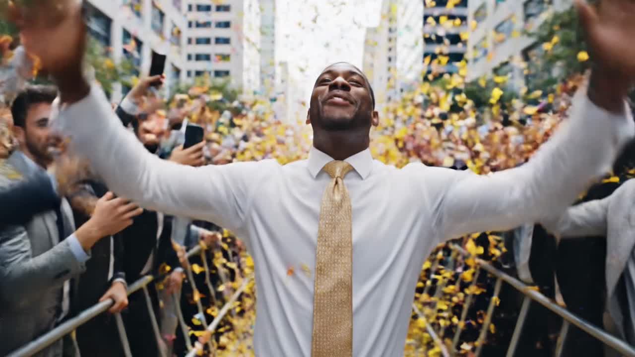 Successful businessman celebrating victory with cheering crowd and confetti