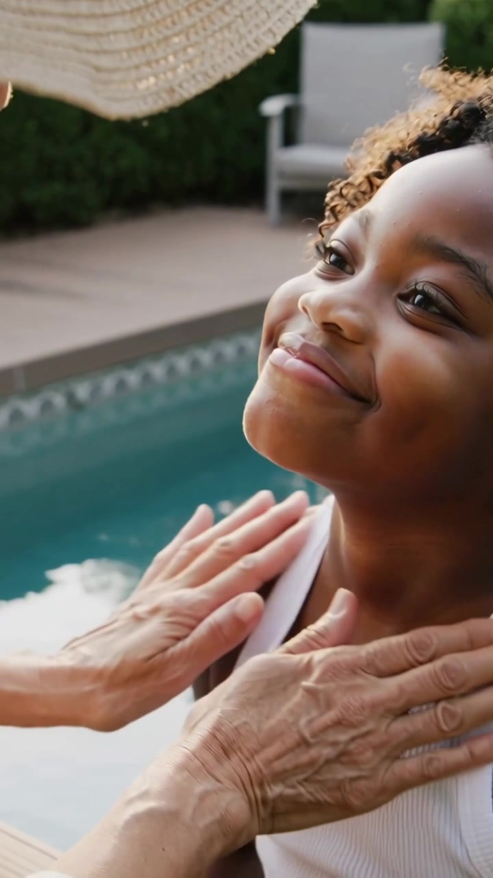 Vertical video: Coming straw-hat adult rubbing sunscreen onto child in white top at pool protecting