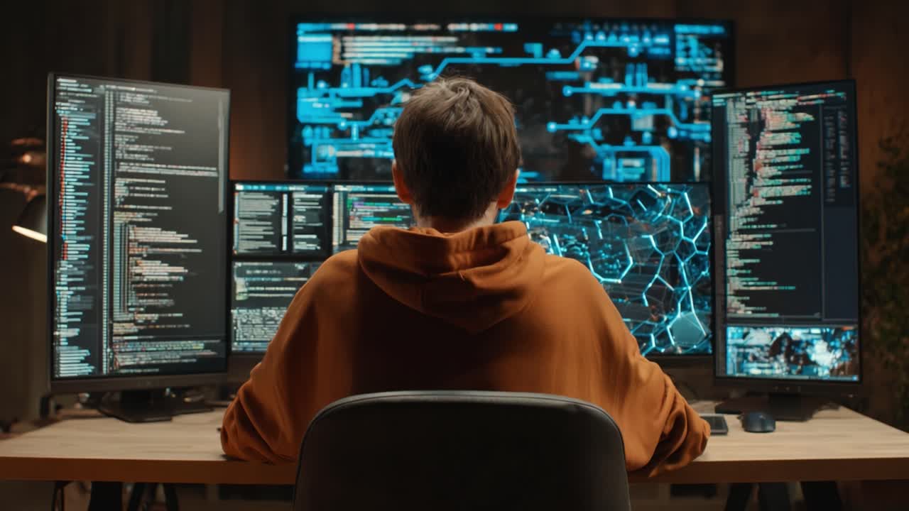 A Focused Programmer Analyzing Complex Data on Multiple Monitors in a Dimly Lit Room, Portraying Modern Technology Usage and Coding Skills