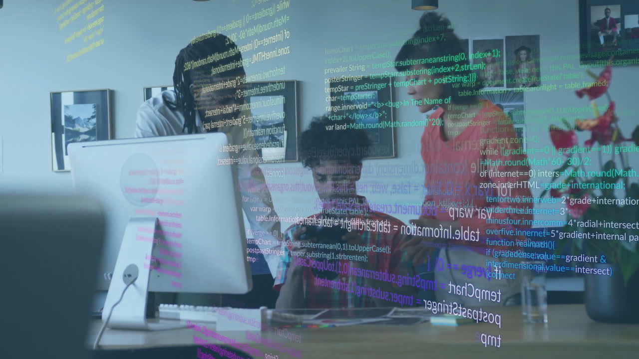 animación del procesamiento de datos financieros sobre diversas personas de negocios en la oficina