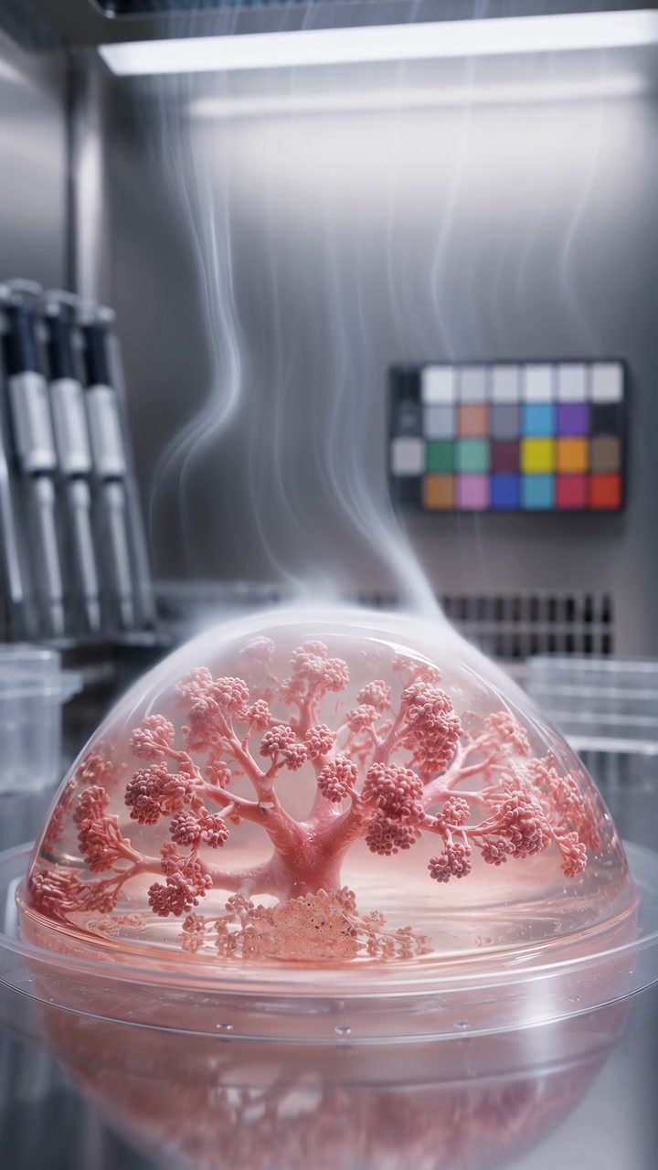 Une légère brume s'épaissit progressivement sur un couvercle hémisphérique transparent entourant un modèle rose ramifié, tandis que les murs en acier réfléchissants, la lumière zénithale et les instruments en arrière-plan restent fixes.