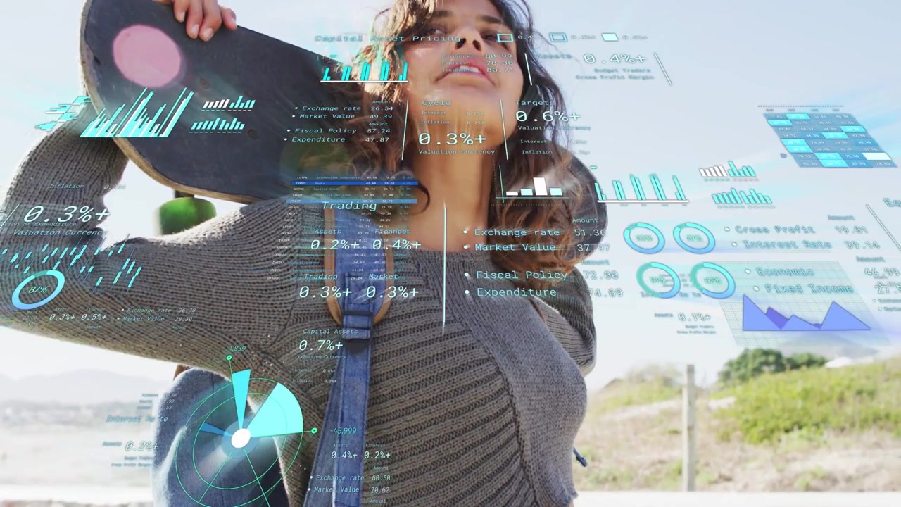 Woman shifting posture and lifting skateboard to shoulder prepping coast ride tech HUD overlaying