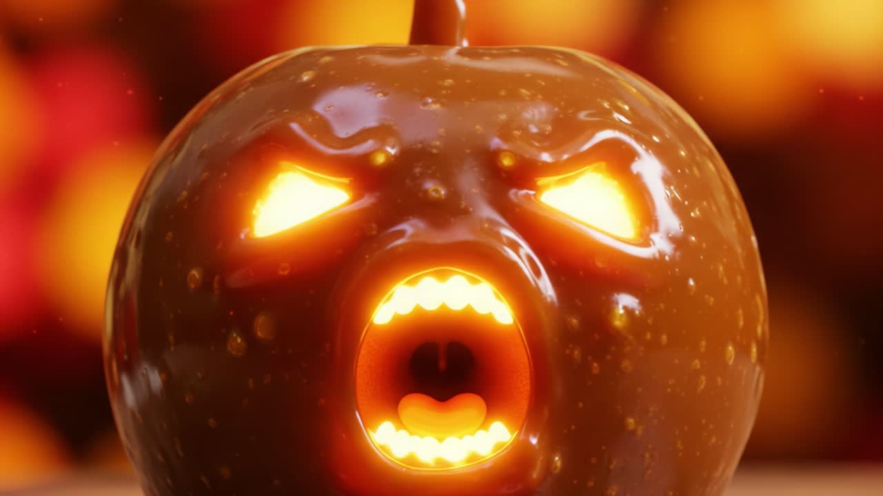 Un design spettrale di una zucca marrone con un volto angosciato e occhi luminosi, catturato in un'intrigante sequenza video che evidenzia i temi di Halloween