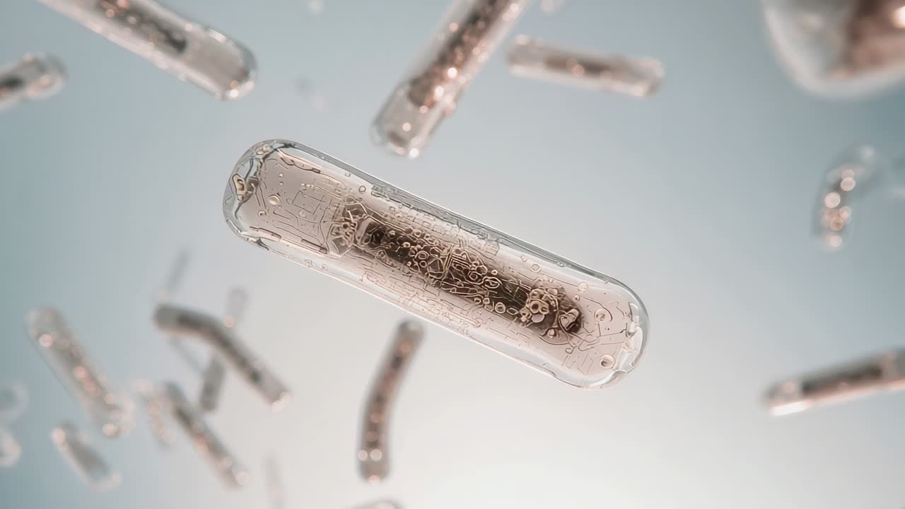 Capsula trasparente rotante che si avvicina in un fluido azzurro pallido, con la telecamera che mette a fuoco per rivelare i circuiti.