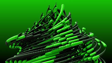 abstract animation of green and black spheres forming chaotic rotating form