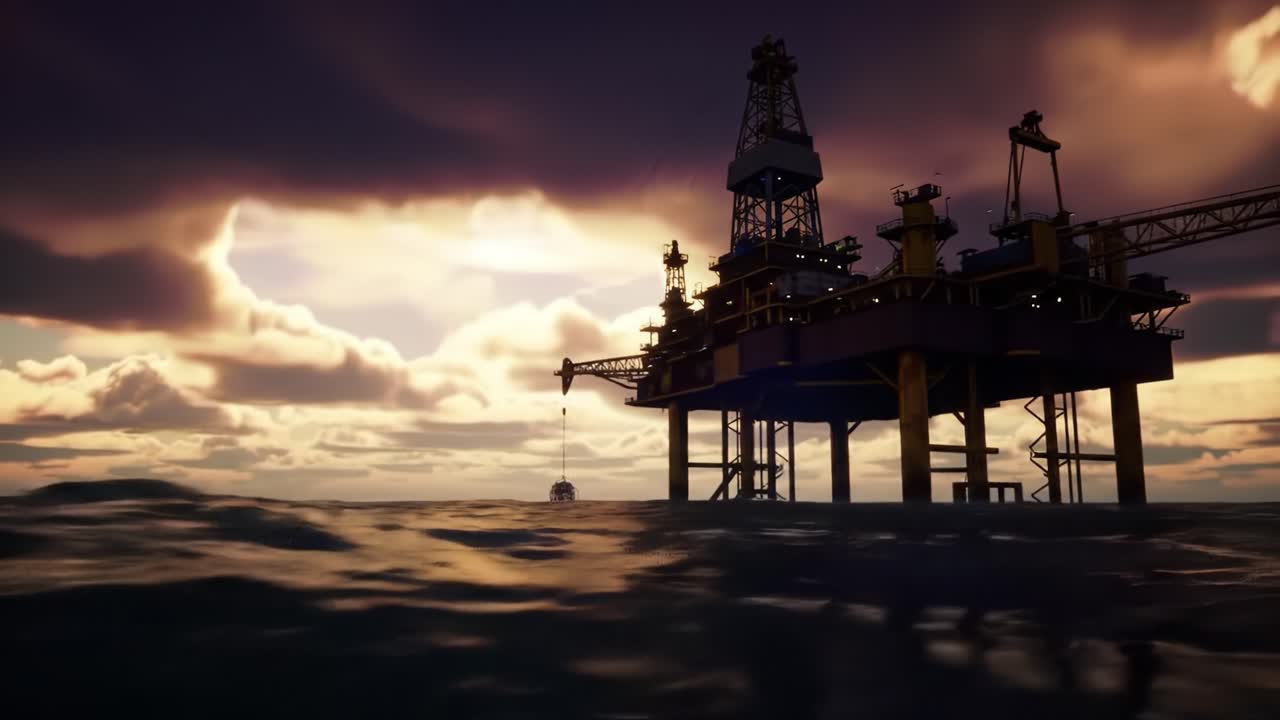 Dramatic Sunset Reflections Over a Deep-Sea Oil Platform Surrounded by Serene Waters and Stunning Cloud Formations