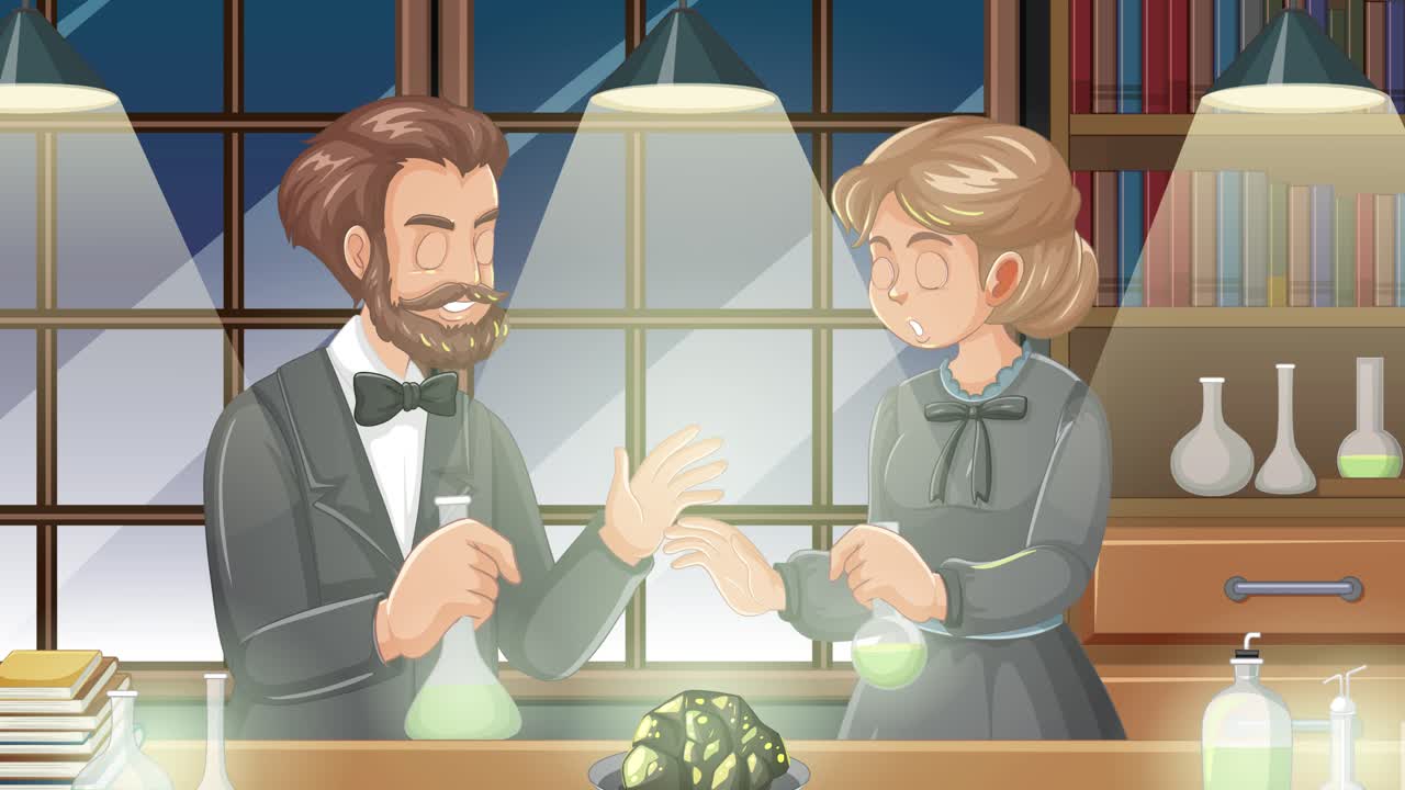 애니메이션 캐릭터들이 반이는 유물을 조사하고 있습니다.