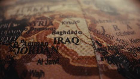close-up of a world map focusing on iraq and surrounding regions