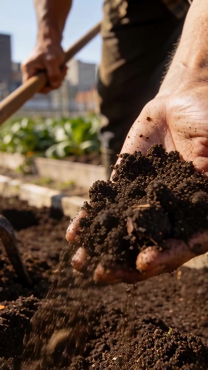 Video verticale: Mano nuda di un giardiniere che setaccia il terreno dopo aver zappato, preparando un'aiuola urbana con polsini a quadri.