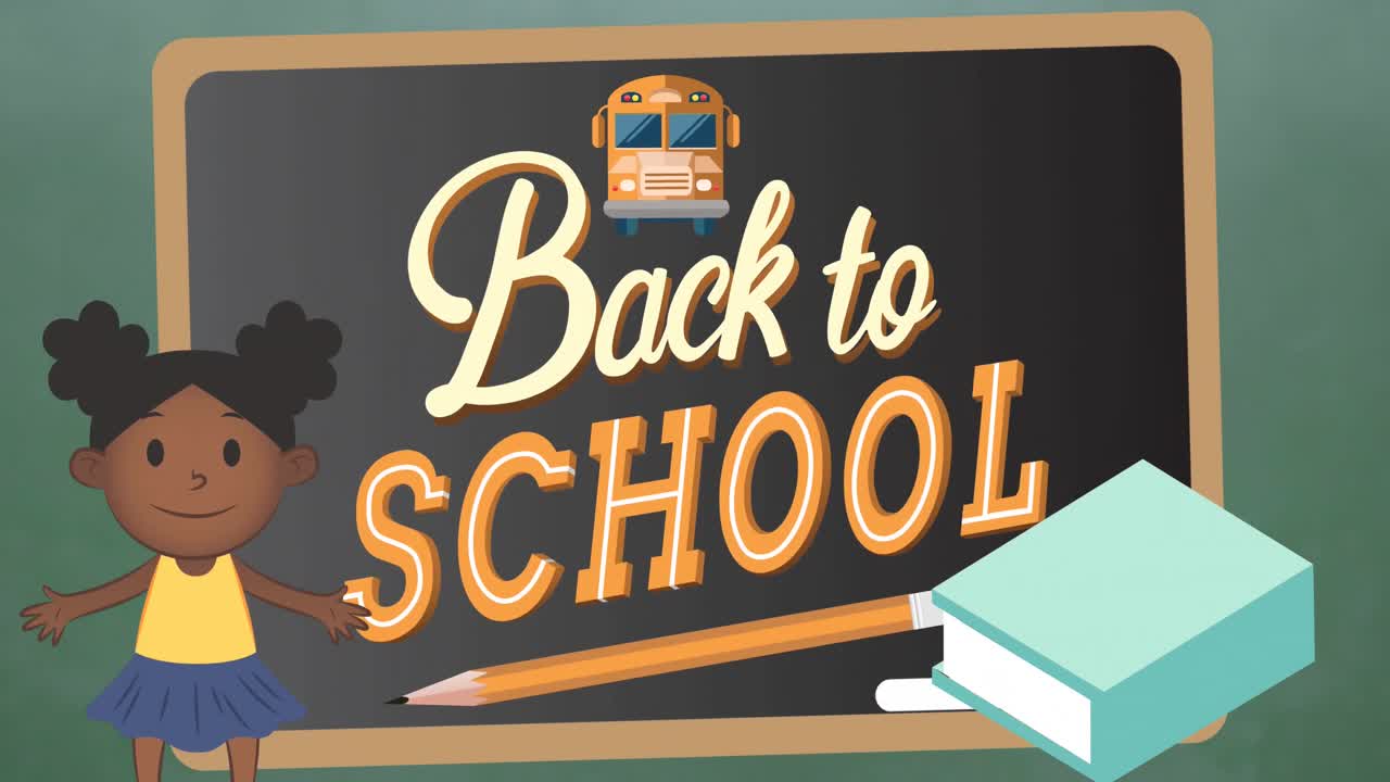 Animation of back to school text over school items icons and blackboard