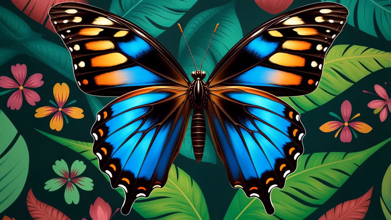 Farfalla colorata su sfondo floreale tropicale