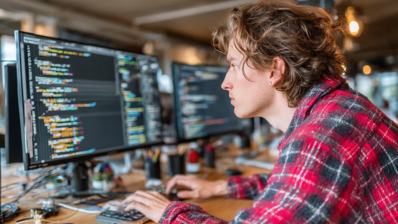 A Focused Coder Immersed in Programming: An In-Depth Look at Modern Software Development in a Collaborative Workspace Environment