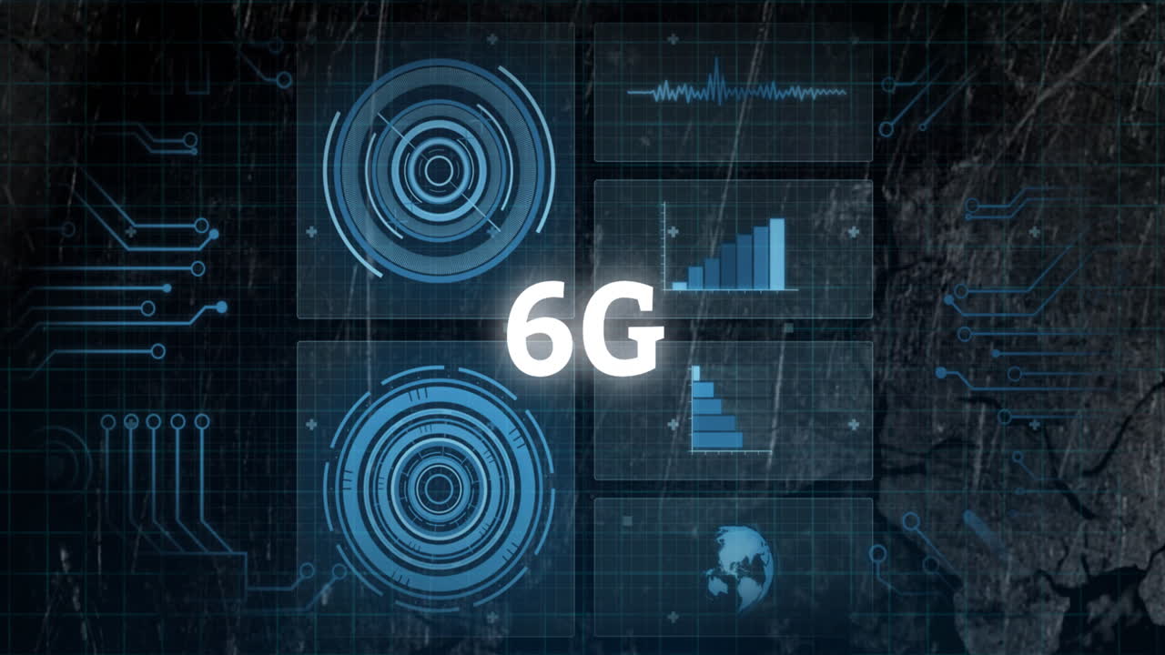 Animation of 6G technology with digital data graphs and futuristic world map
