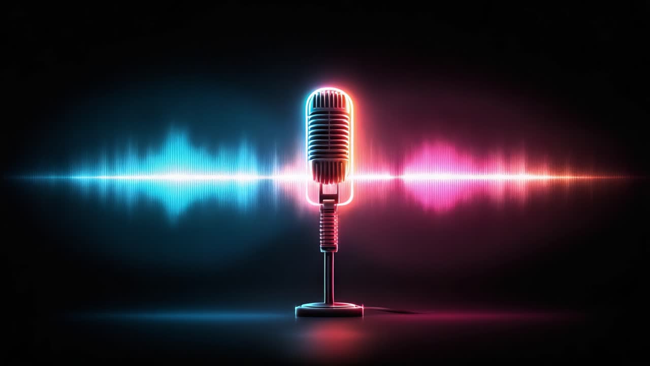 Immagini accattivanti di un microfono retrò circondato da onde sonore dinamiche in vivaci colori neon su uno sfondo scuro.