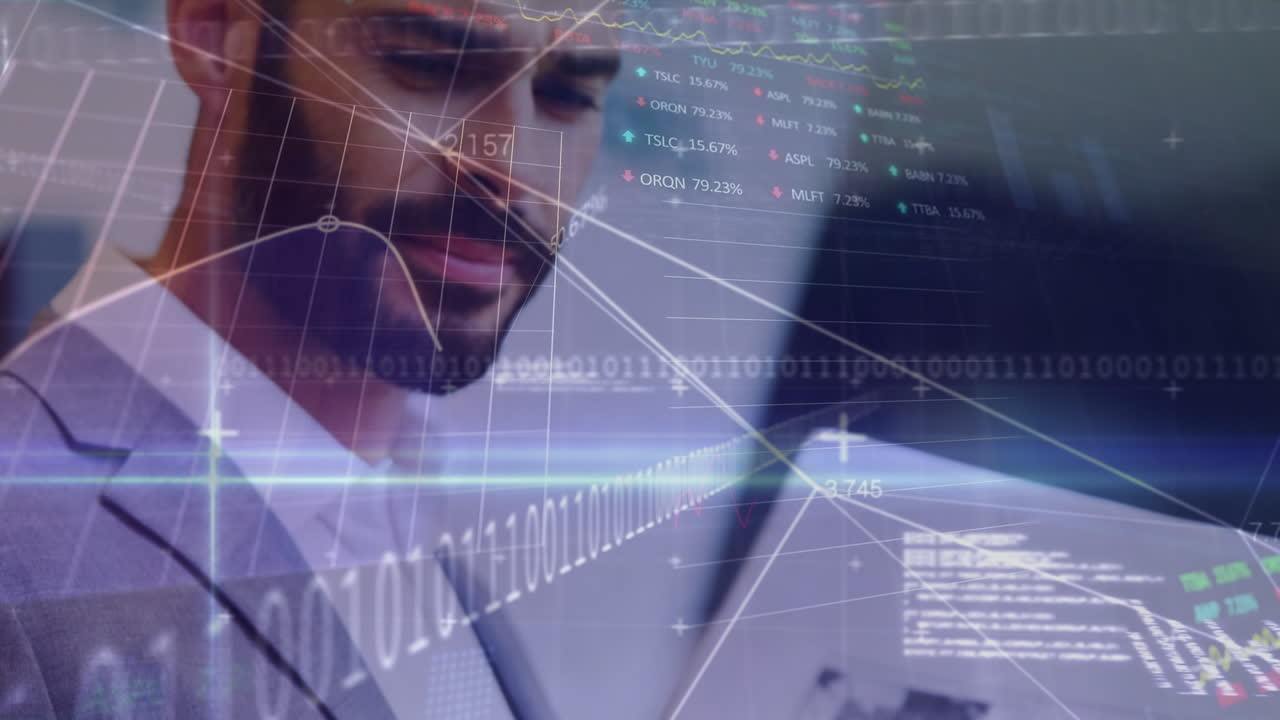 Animation of data processing over caucasian businessman with documents