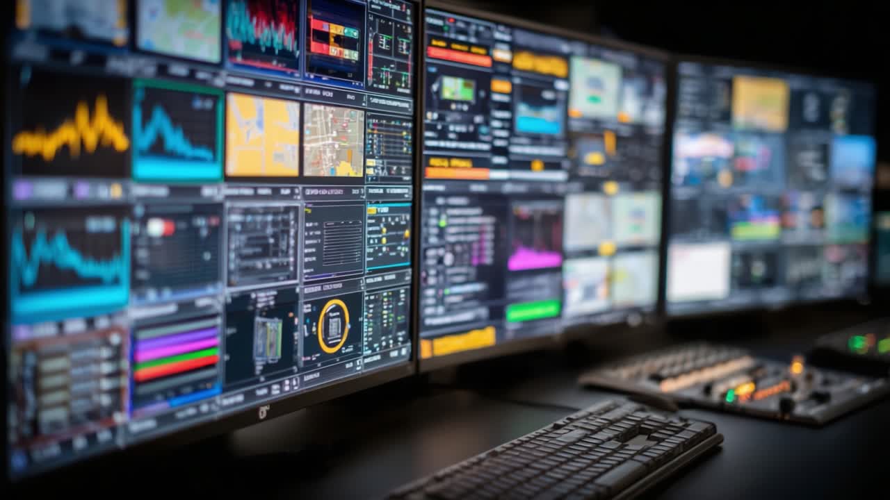 Una panoramica completa di una sala di controllo ad alta tecnologia con monitor multipli che visualizzano dati e grafici dinamici per un monitoraggio e un'analisi avanzati.