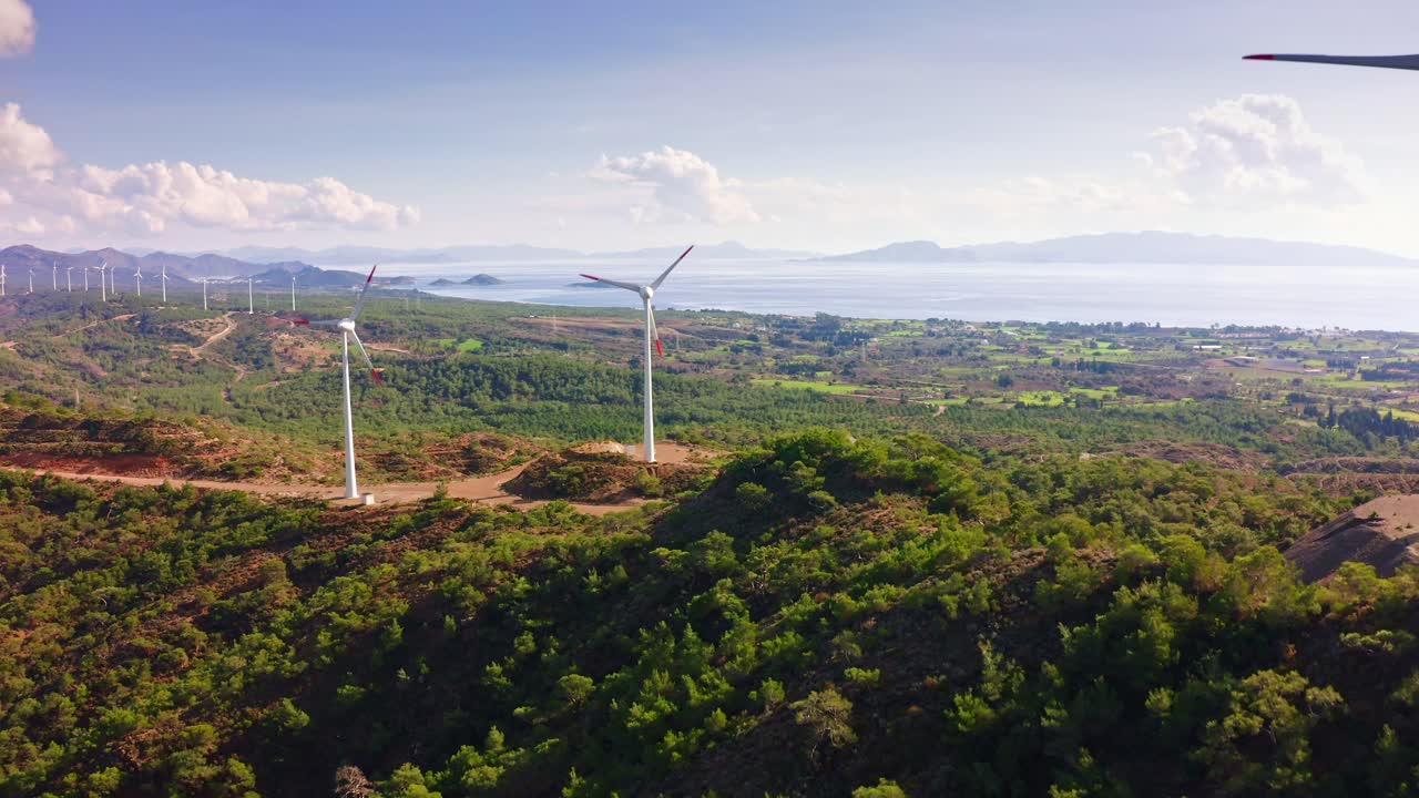 Wind energy converters on the hill range in Reşadiye peninsula, Muğla province, Turkey