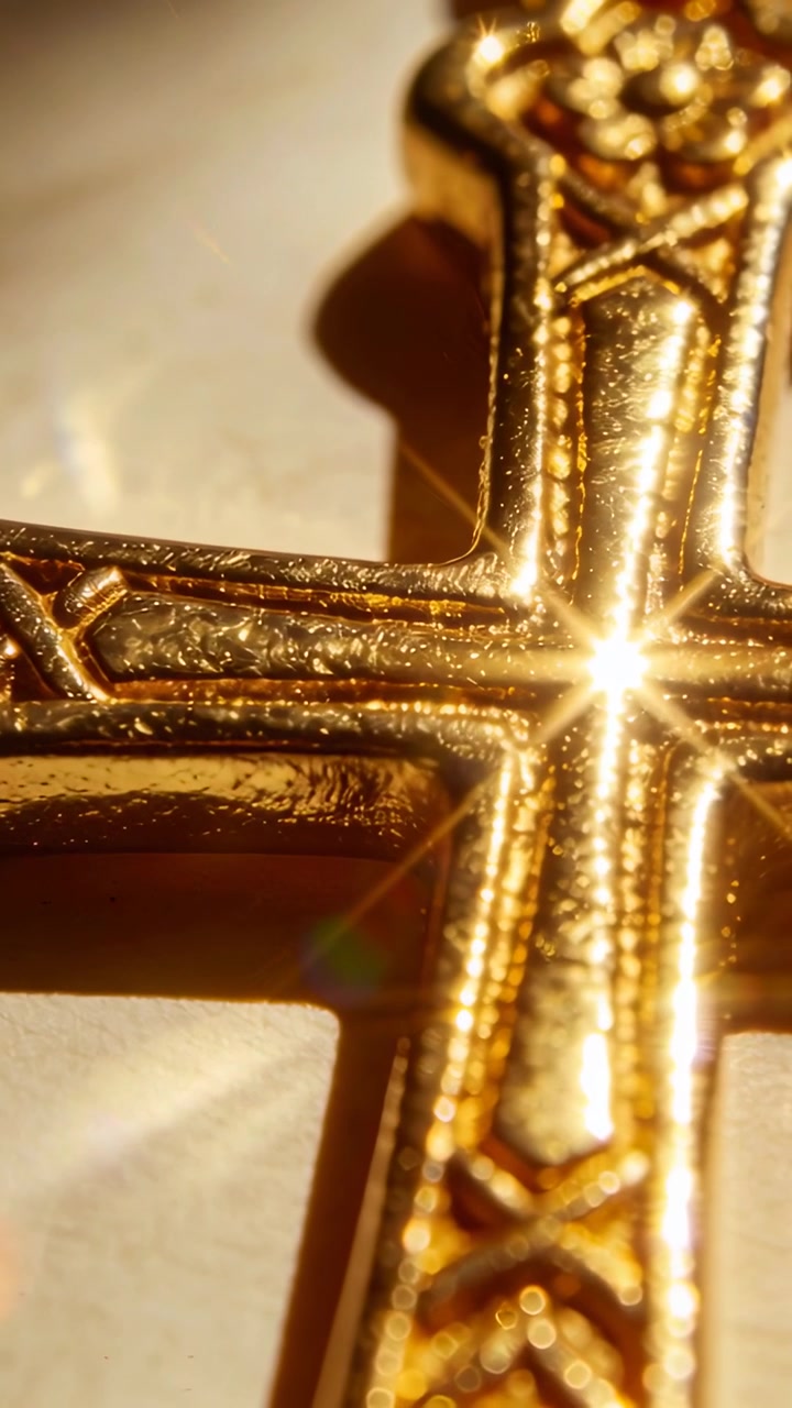 Video verticale: Luce intensa che si sposta rivelando un dettaglio di croce d'oro ornata su carta, con bagliore dell'obiettivo