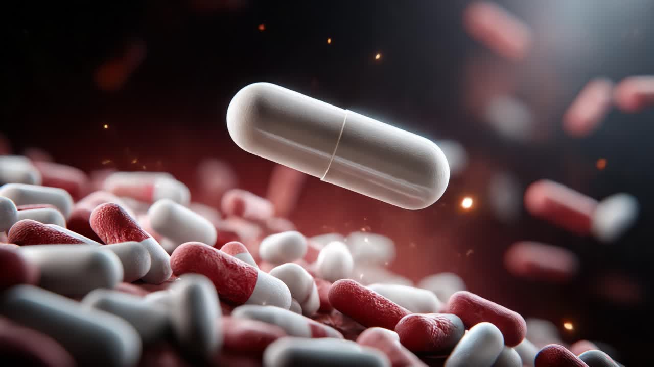 Dynamic Composition of Various Pharmaceutical Capsules and Tablets in a Vivid Scene Highlighting Color and Texture of Medicinal Forms