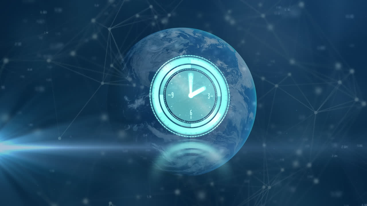 Animation of clock moving over globe and connections on blue background