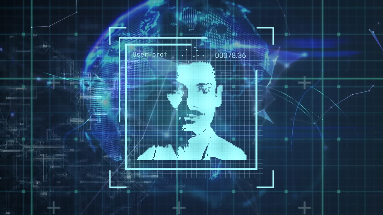 animación de múltiples iconos de perfil con procesamiento de datos sobre un globo giratorio contra un fondo azul