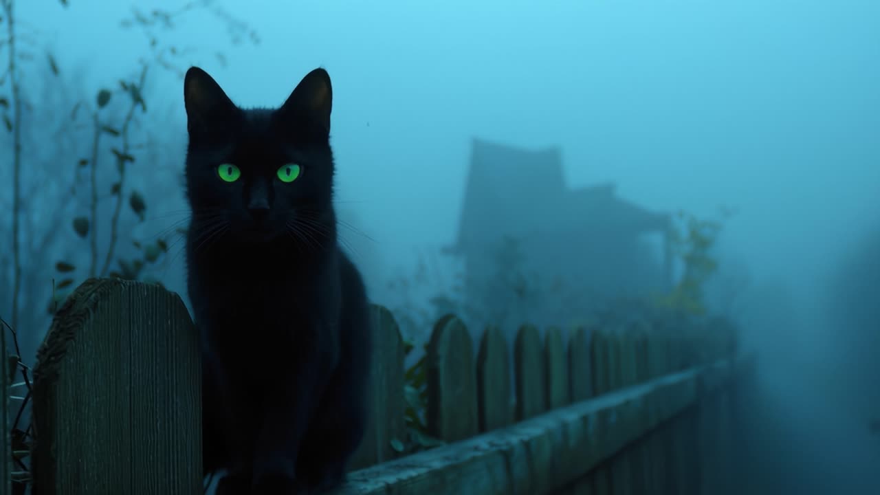 Mysterious Black Cat Gazing Intently in a Foggy Environment: A Portrait of Enigmatic Beauty and Intrigue Surrounded by Shadows and Nature's Calm