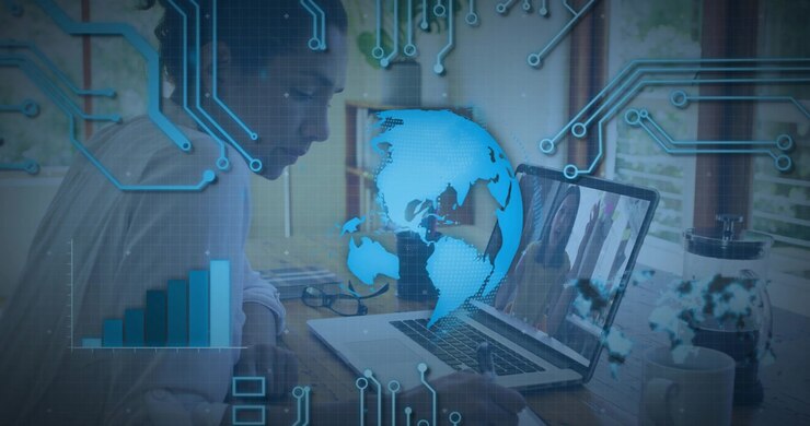 Woman opening business meeting app and gathering data while holographic globe rotating with chart