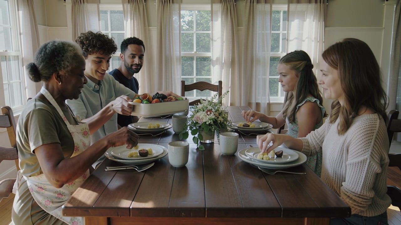 Meal starting, family lifting and passing dish on home table, senior in floral apron plating food