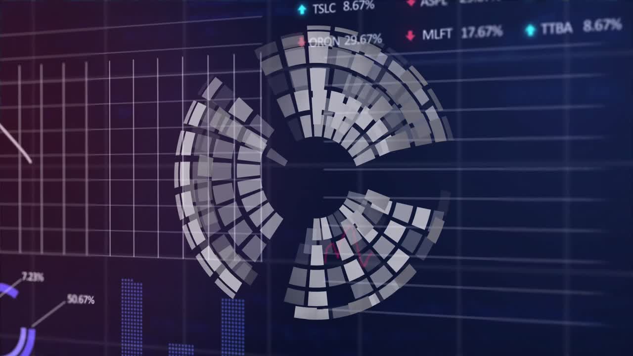 파란색 배경에 통계 및 주식 시장 데이터 처리를 중심으로 회전하는 3d 구의 애니메이션