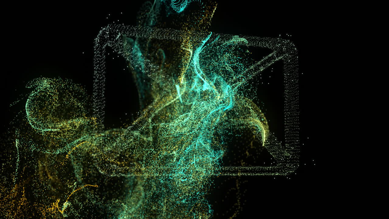 Animation of abstract digital particles forming dynamic shapes over black background