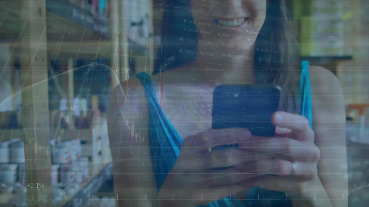 animación del procesamiento de datos financieros sobre mujeres que usan teléfonos inteligentes