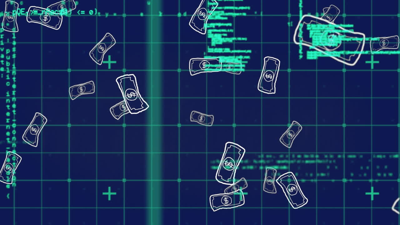 추상적인 배경 위에 떨어지는 달러 지폐와 컴퓨터 언어의 그림의 애니메이션