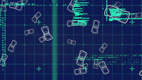 animation of falling drawing of dollar bills and computer language over abstract background