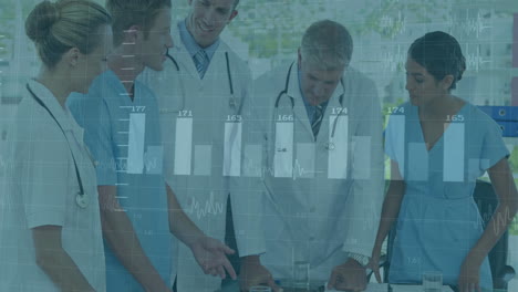 medical data analysis animation over doctors discussing patient information