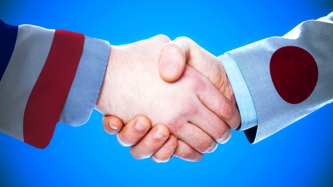 - japón francia apretón de manos concepto de animación sobre países y política con el canal matte /