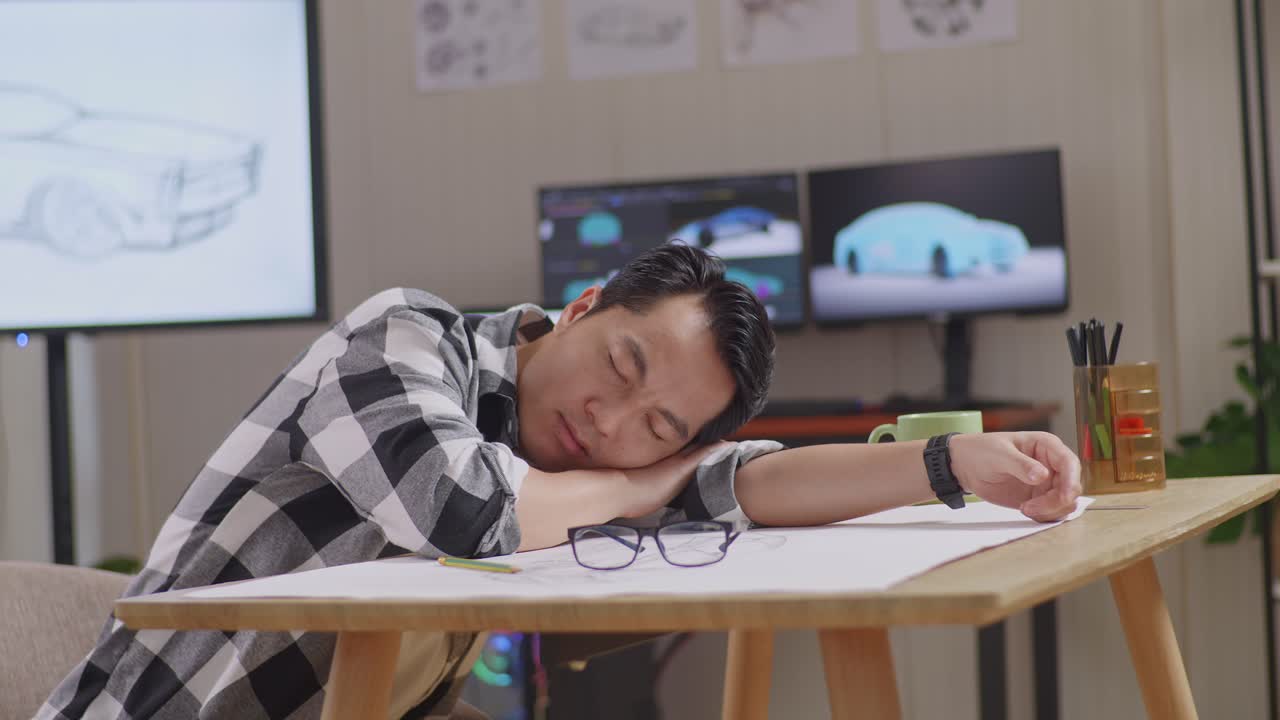 Side View Of Asian Male Sleeping While Working On A Car Design Sketch On Table In The Studio With Tv And Computers Display 3D Electric Car Model