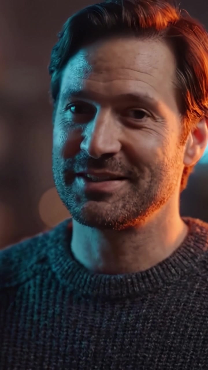 Un uomo con un maglione accogliente che sorride a una conversazione invisibile in uno spazio poco illuminato con luci di sfondo multicolori che creano un'atmosfera invitante.